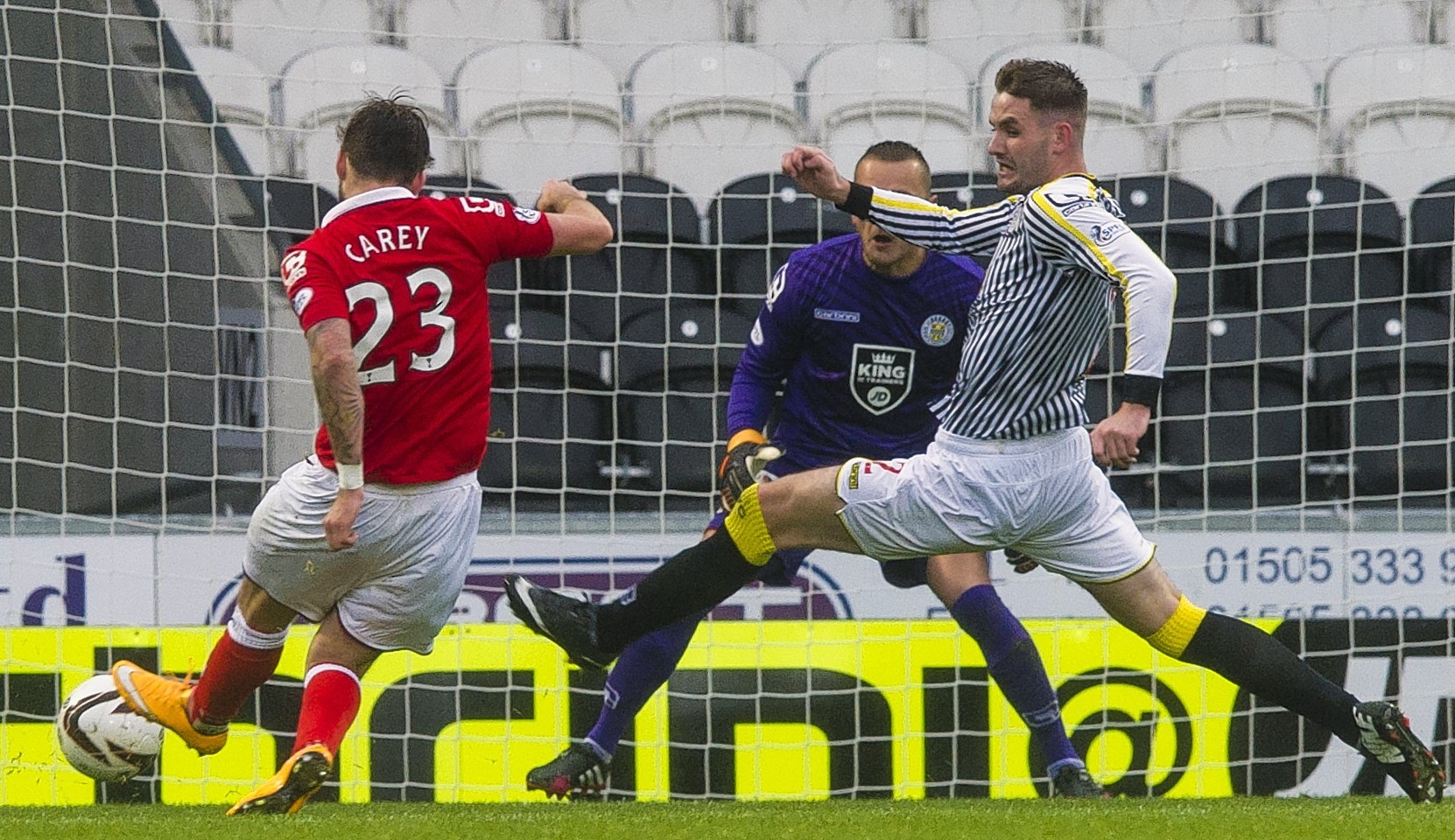 Former Saint Mirren man Graham Carey scores for County against the Saints earlier this season