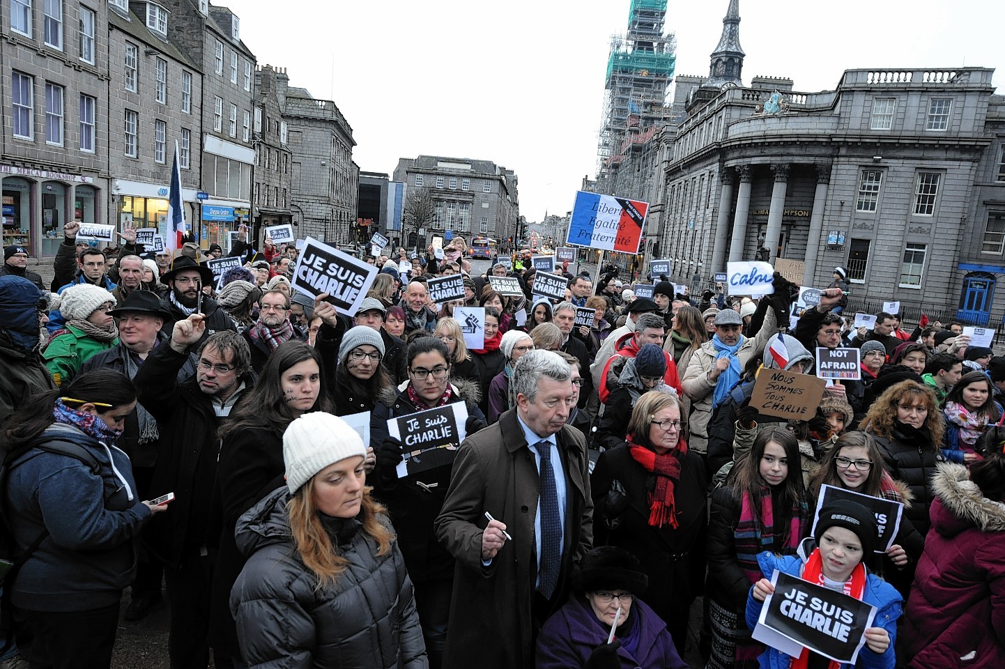 Vigil For Charlie Hebdo And Defence Of Freedom at the Castlegate to protest against the terrorist attacks in Paris and to stand-up for a free press, free speech, and political satire.