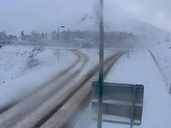 Snow lies on the A832 at Achnasheen. Picture by Highlands roads via Twitter