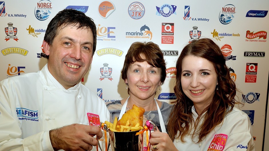 Manager John Gold, owner Valerie Johnson and her daughter Carlyn Johnson from the Fryer of Frankie's in Brae in the Shetland Islands