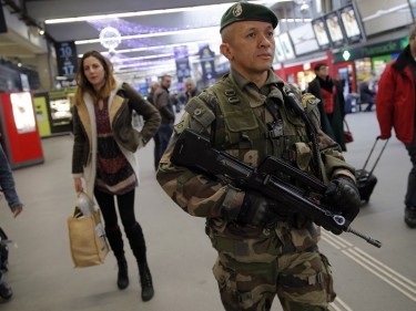 A French soldier patrols at the Montparnasse railway station in Paris, after the deadly attack 
