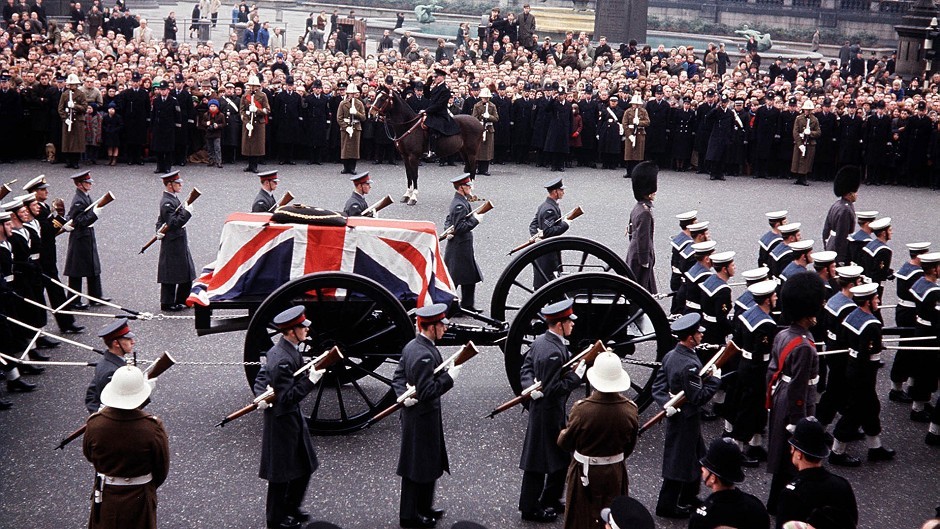A picture from 1965 of the gun carriage carrying the coffin of Sir Winston Churchill through Trafalgar Square, London