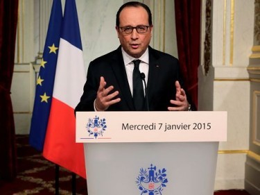French President Francois Hollande delivers a speech at the Elysee Palace in Paris after a shooting at the Paris headquarters of satirical weekly Charlie Hebdo killing at least 12 people