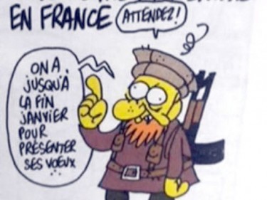 Last cartoon image by Charlie Hebdo "Wait till you get to the end of January for a gift from us" 