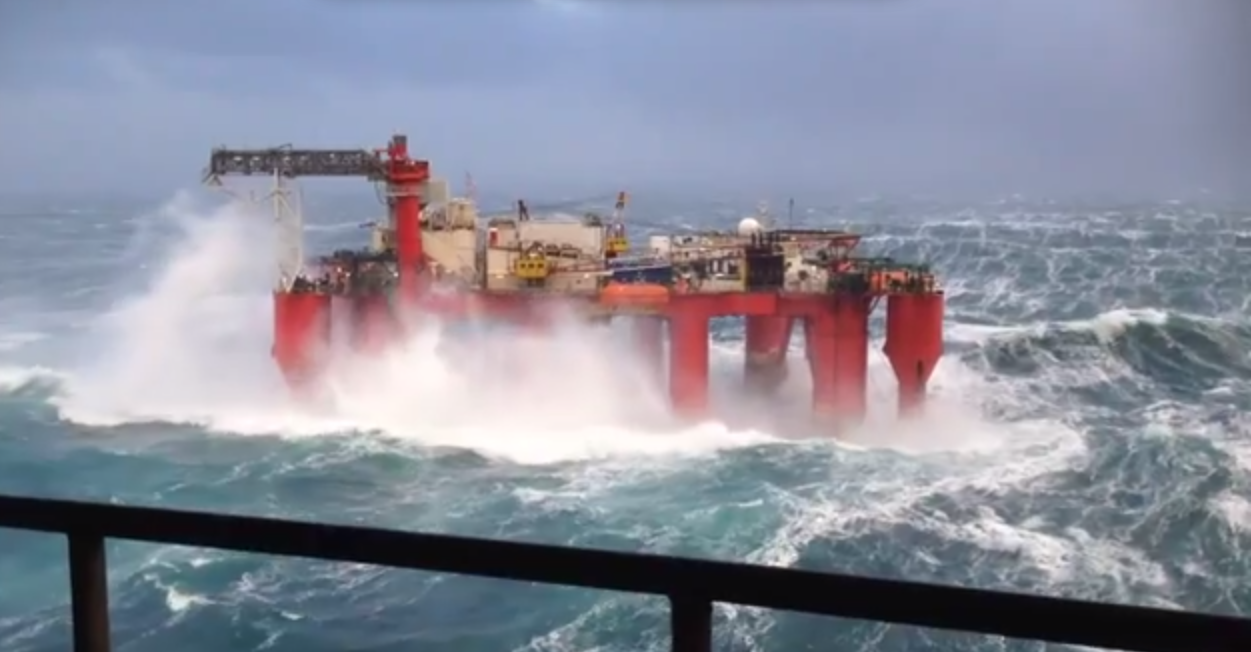 Waves batter the North Sea rig