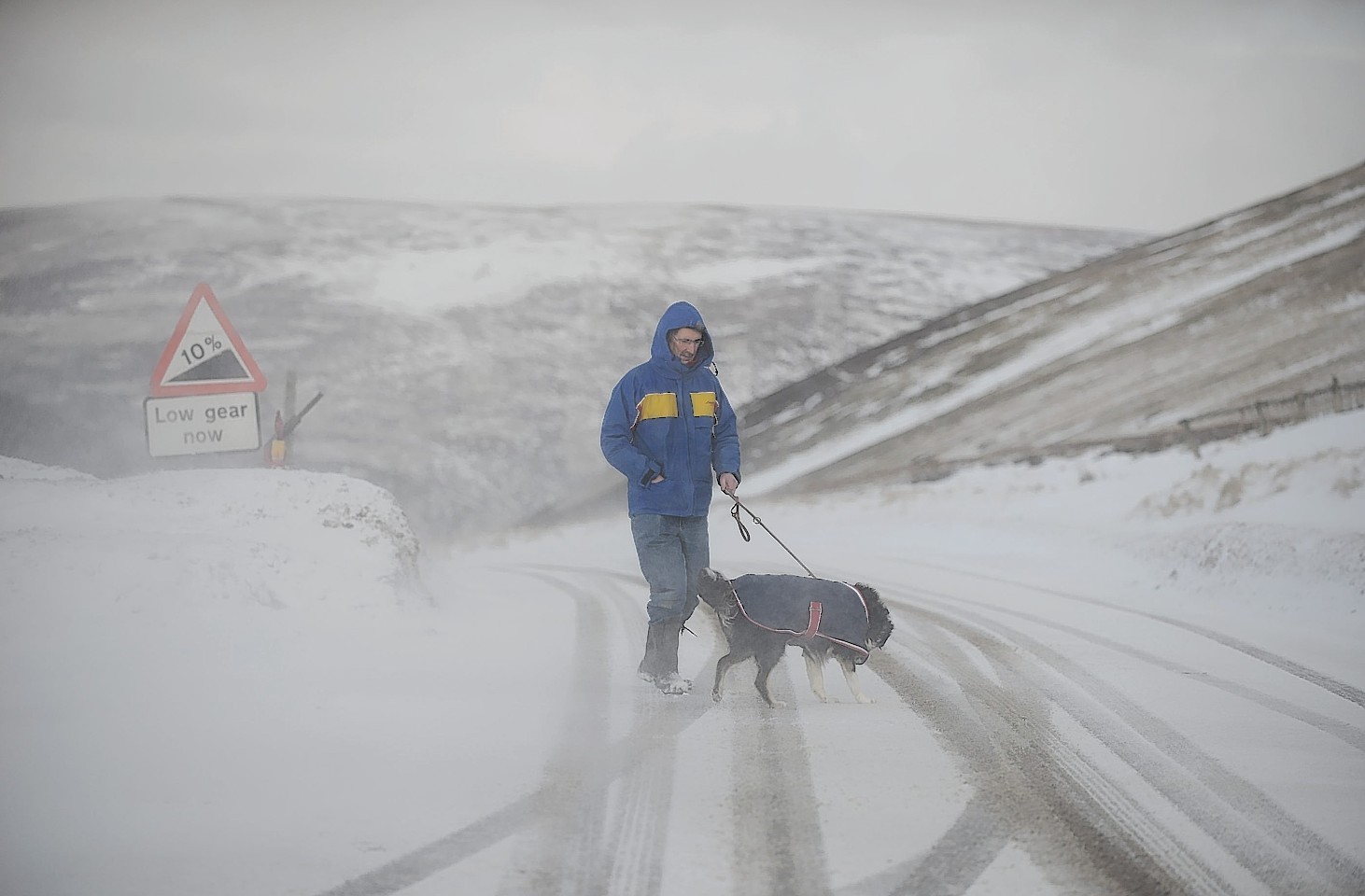 A dog walker near Corgarff, Aberdeenshire was caught up in the snow blizzards yesterday