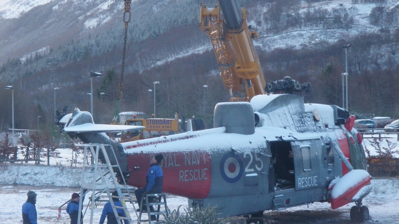 The Royal Navy aircraft, a Sea King MK, call sign Rescue 177 based at HMS Gannet at Prestwick Airport, had to be dismantled and placed on the back of two lorries to be transported back to base for repairs.
