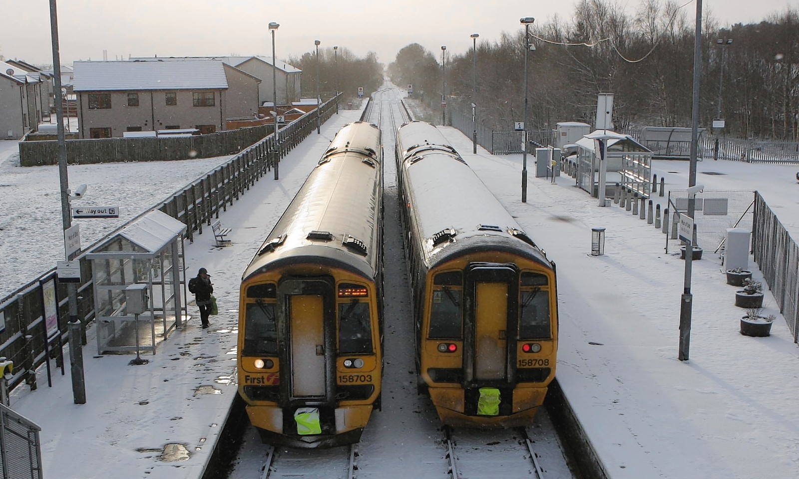 Trains make their way through the snow