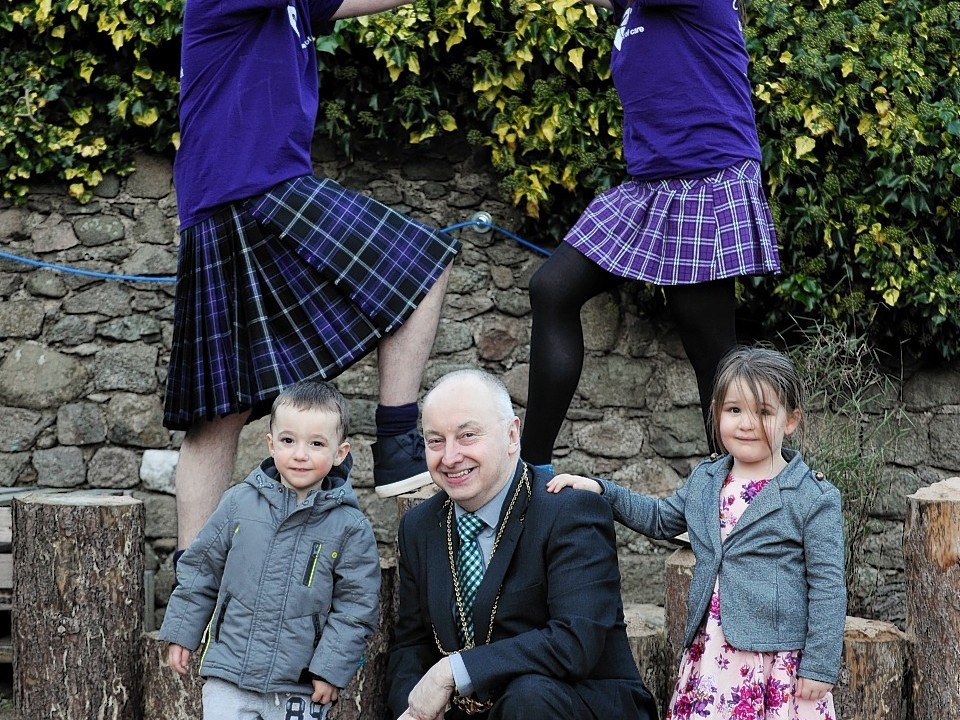 John Booth, VSA Deputy Chief Executive, Maisie's Children's Centre pupil Khloe Pratt, Lord Provost George Adam,  pupil Aaron Monaghan and Maree Garden, VSA Support Worker,  launched the appeal to get people to take part in this year's Kiltwalk.