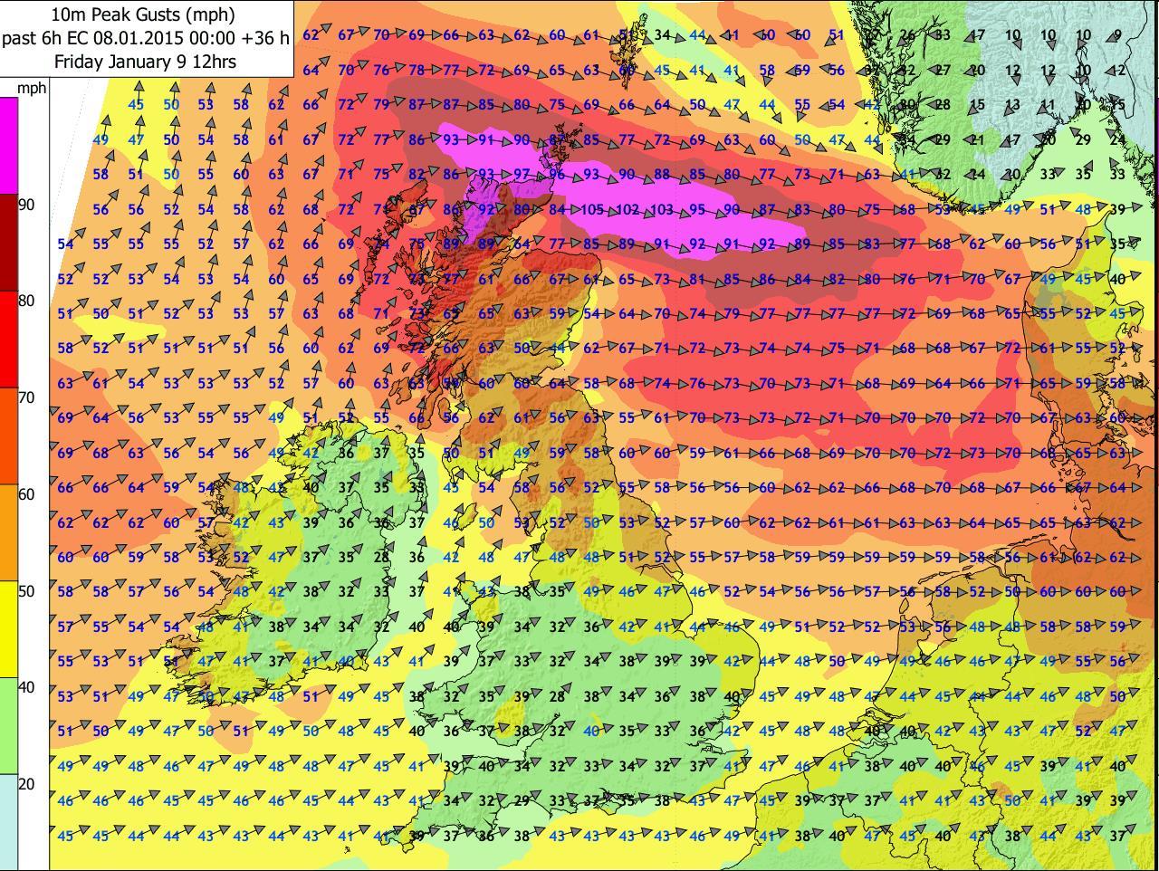 A map of expected wind speeds across the UK at midday on Friday January 9