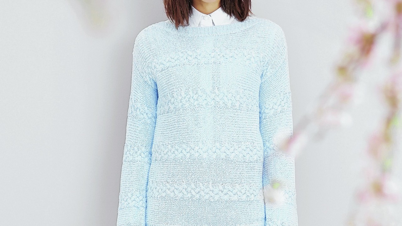 Blue Sweater, £25; Perfect Fit Skirt, £35; White Long Sleeved Blouse, £19 (www.damart.co.uk)