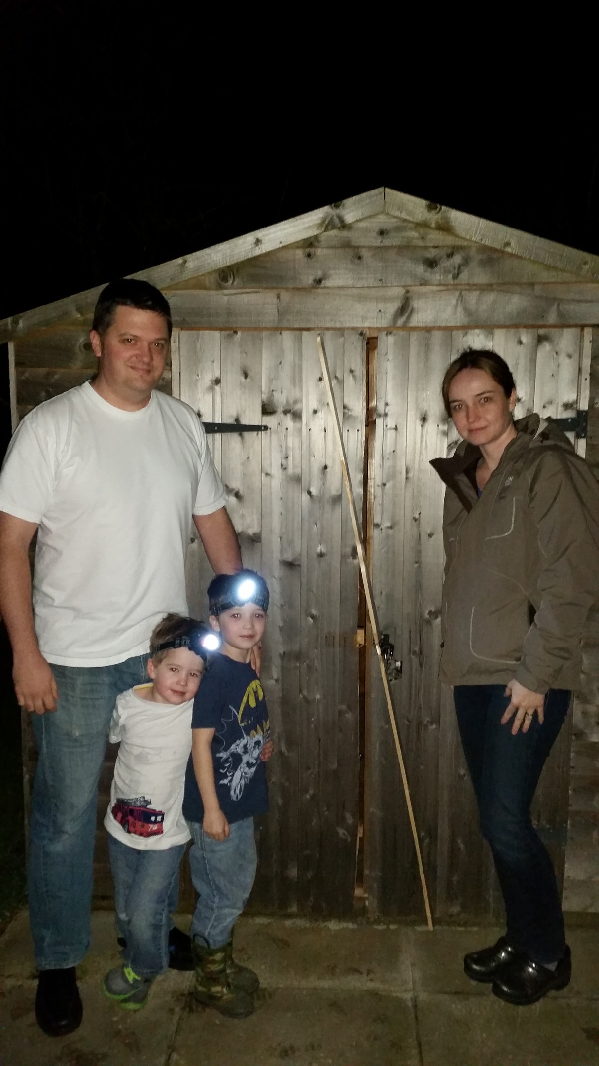 The thieves simply ripped out the wooden panel the lock was screwed into.
From left to right dad Mike Winfree, sons Blake and Briggs, and mum Paula Winfree.