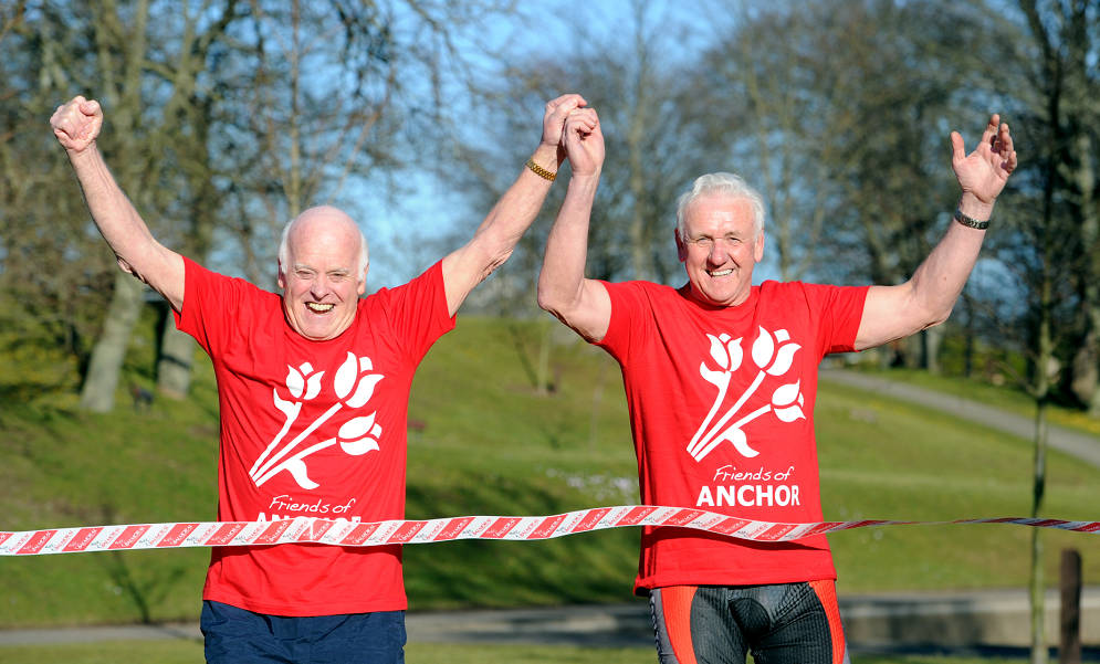 Friends of Anchor Chairman Jimmy Milne and Bert McIntosh don their running shoes.