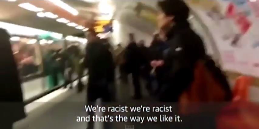 A group of Chelsea FC thugs prevented a black man getting on to a train in Paris before chanting: “We’re racist and that’s the way we like it" last night.