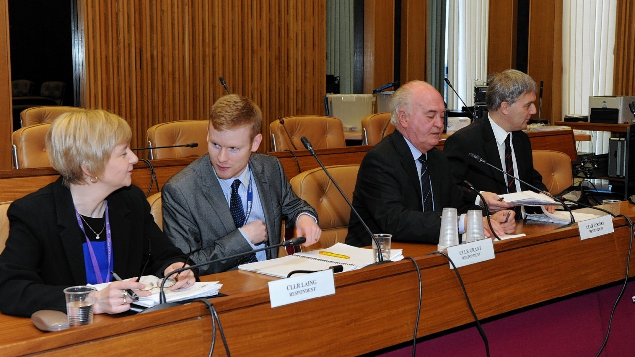 Labour and Conservative councillors Ross Thomson, Fraser Forsyth, Barney Crockett, Jenny Laing, Ross Grant, Neil Cooney and Willie Young  appeared at the Standards Commission hearing at Aberdeen Town House Council Chambers