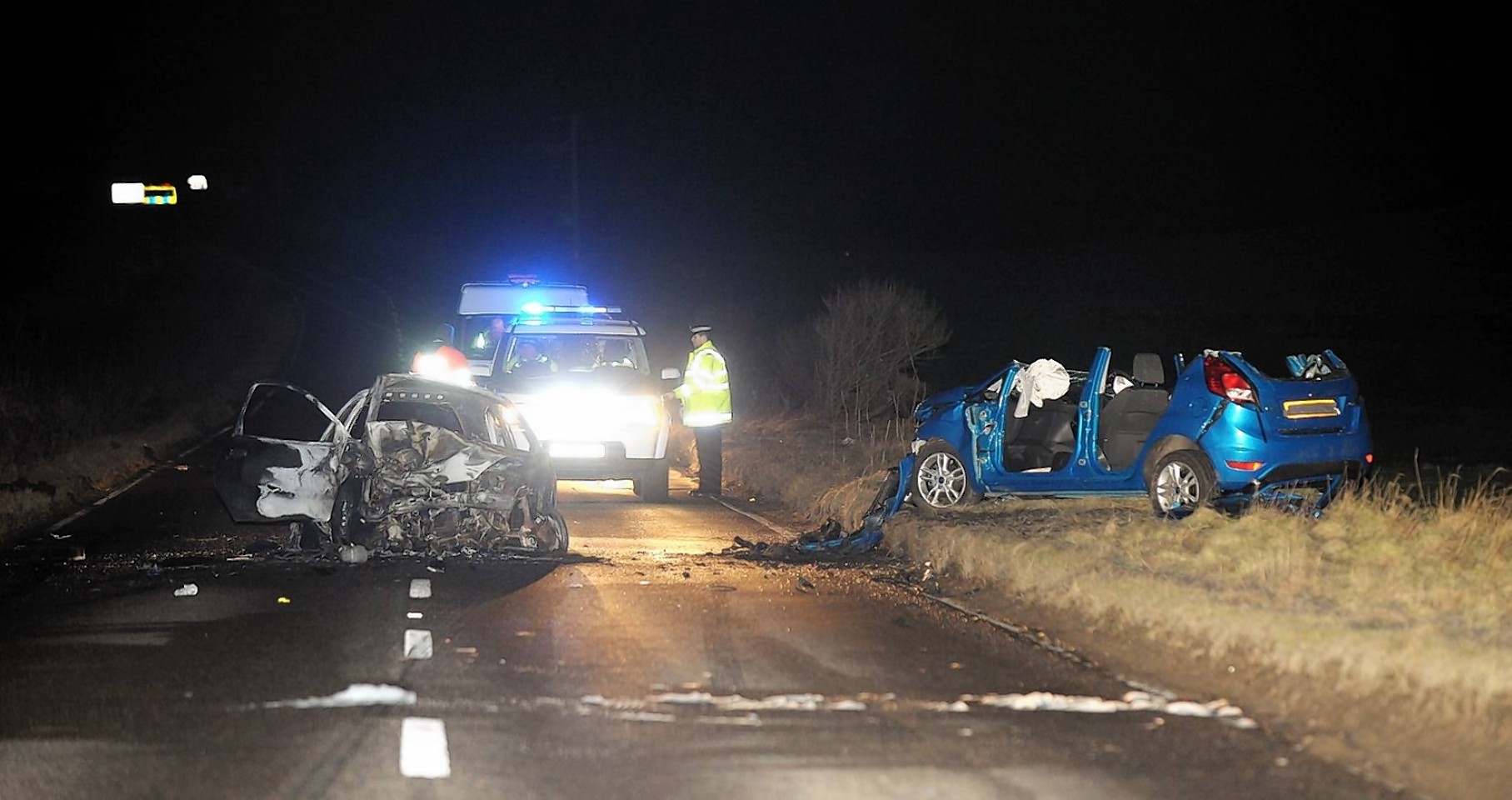 The scene of the crash on the South Deeside Road last night.  Credit: Kevin Emslie.