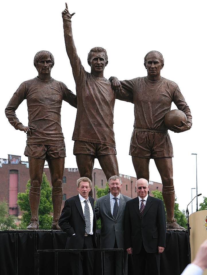 Denis Law, Sir Alex Ferguson and Bobby Charlton at the famous Old Trafford statue