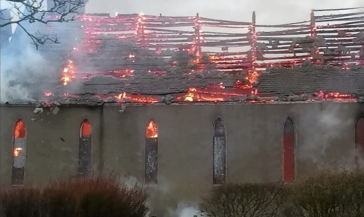 A fire at the disused West Church on Main Street in Hatton, Aberdeenshire. 35 fire fighters attended the blaze that started in the early morning.