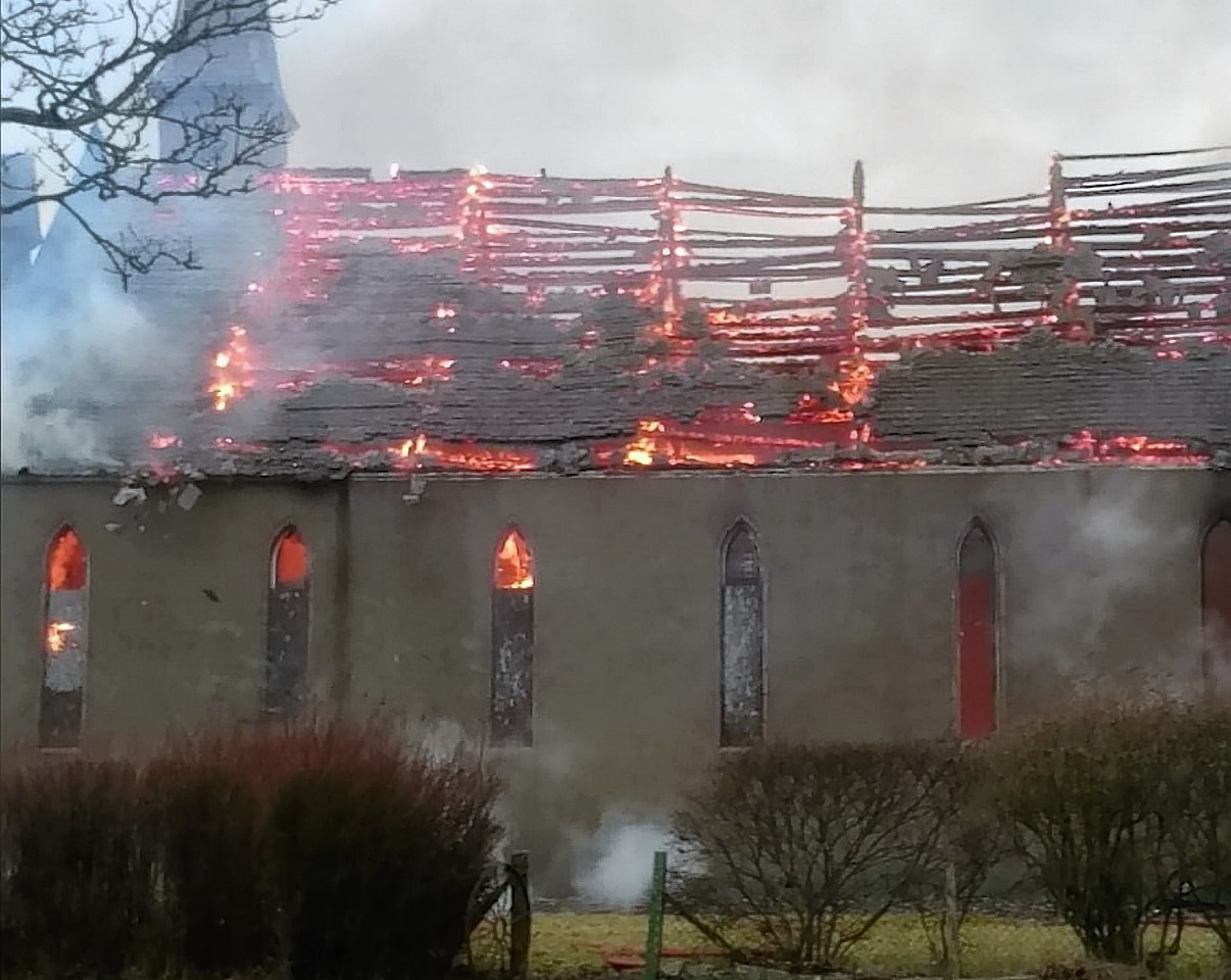 A fire at the disused West Church on Main Street in Hatton, Aberdeenshire. 35 fire fighters attended the blaze that started in the early morning.
