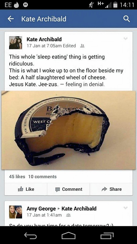 Kate Archibald posted the moment she ate a wheel of cheese to her Facebook page