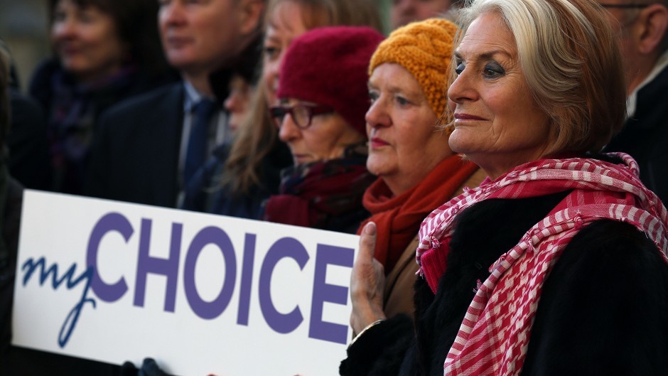 Campaigners supporting the Assisted Suicide Scotland Bill during a rally outside the Scottish Parliament in Edinburgh