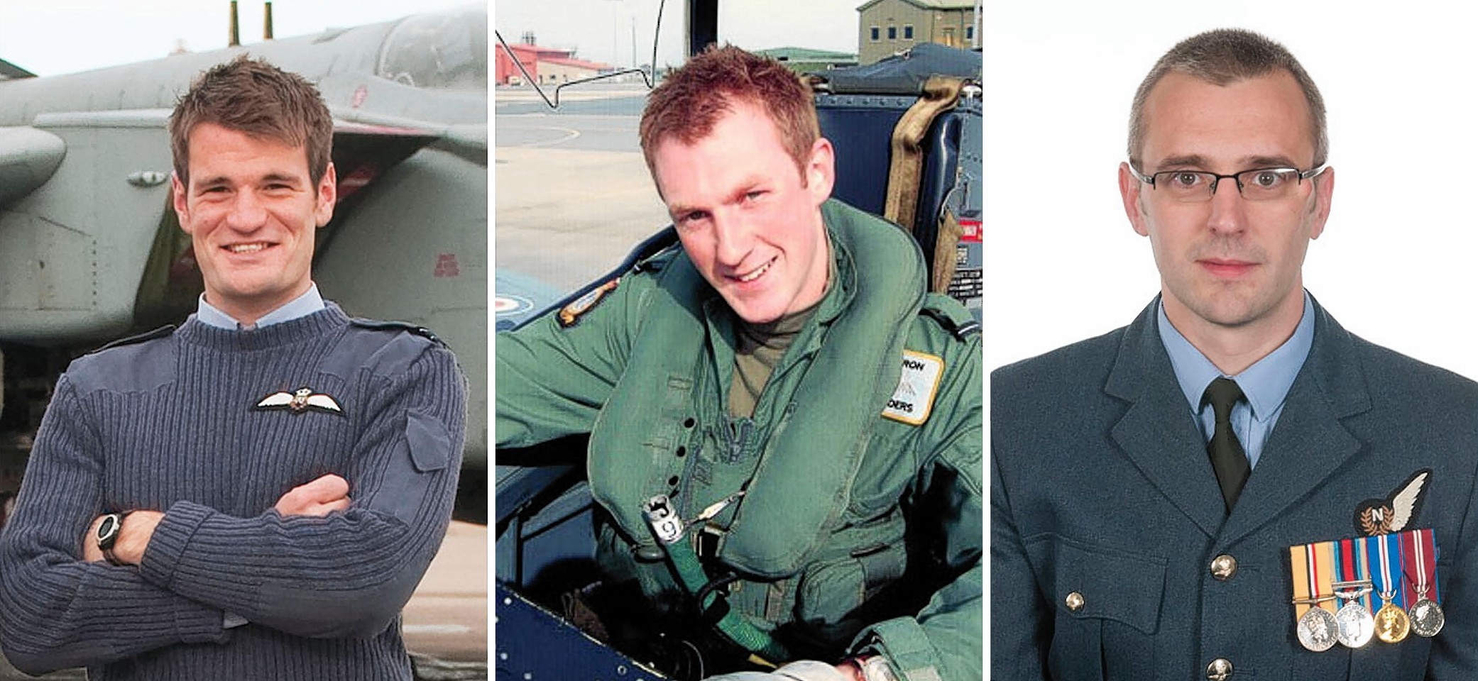 Flight Lieutenant Hywel Poole (left), Flight Lieutenant Adam Sanders (centre) and Squadron Leader Samuel Bailey were killed in the crash