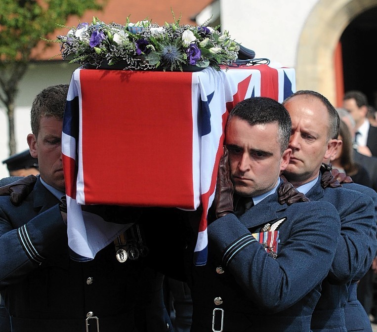 The funeral of Flight Lieutenant Samuel Bailey, 36, today at Saint Gerardines Church in Lossiemouth