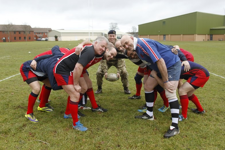 Kinloss RAF  hosting golden oldies rugby festival. Lt Col Tom Marsden overseeing scrum