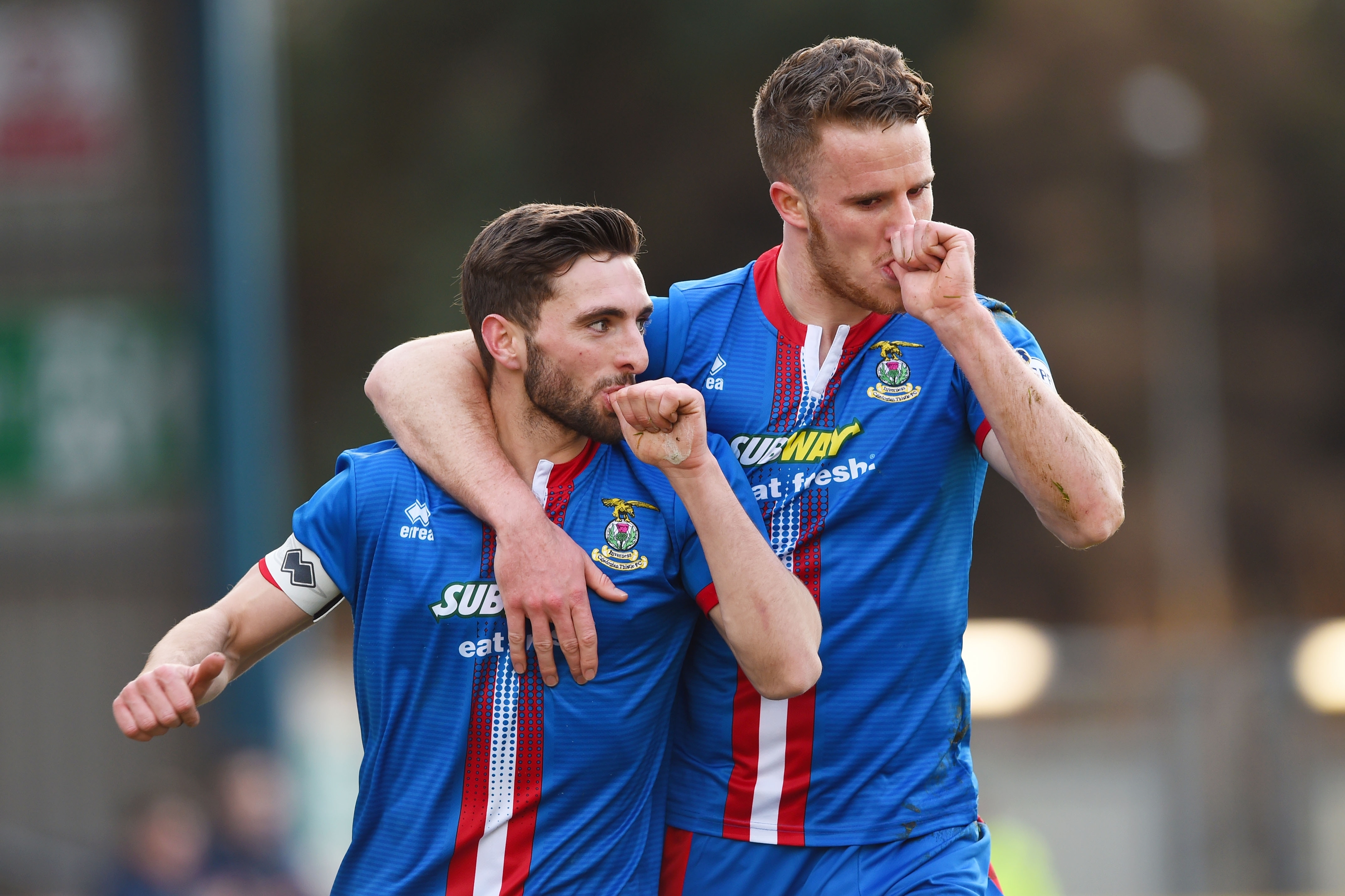 Shinnie celebrates his weekend goal with Marley Watkins