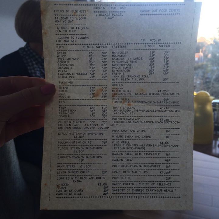 The old fish and chip menu from Mike's Fish Bar in Torry