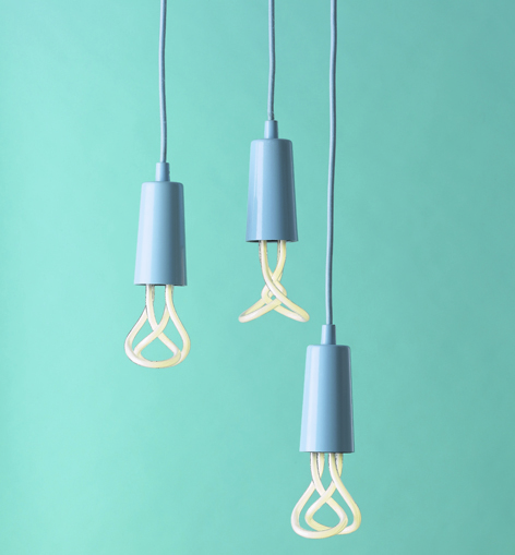 Plumen light bulbs, £22.95 each; Drop Cap Pendant Set in Pastel Blue, £24.95