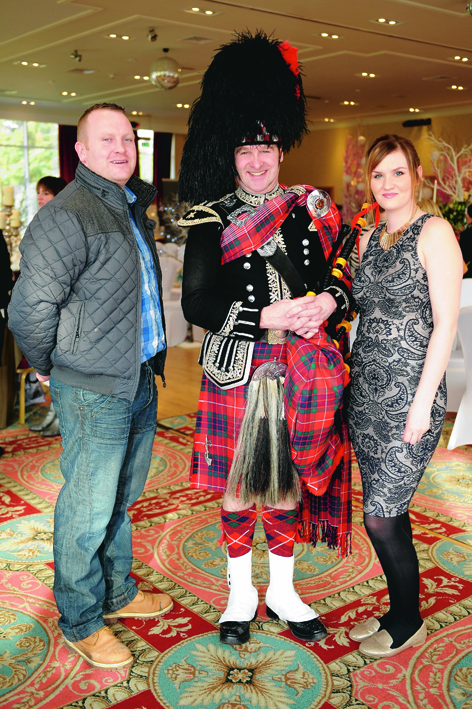 Liam Simpson, Piper 'Spud' Callum Fraser and bride-to-be Louise Stewart