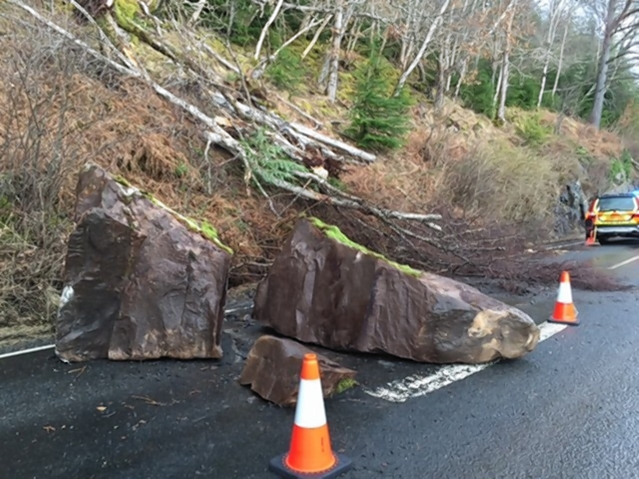 The rocks fell on Thursday but the road will remain closed throughout the weekend