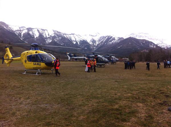 Rescue teams gather near Barcelonnette preparing to leave for the crash site