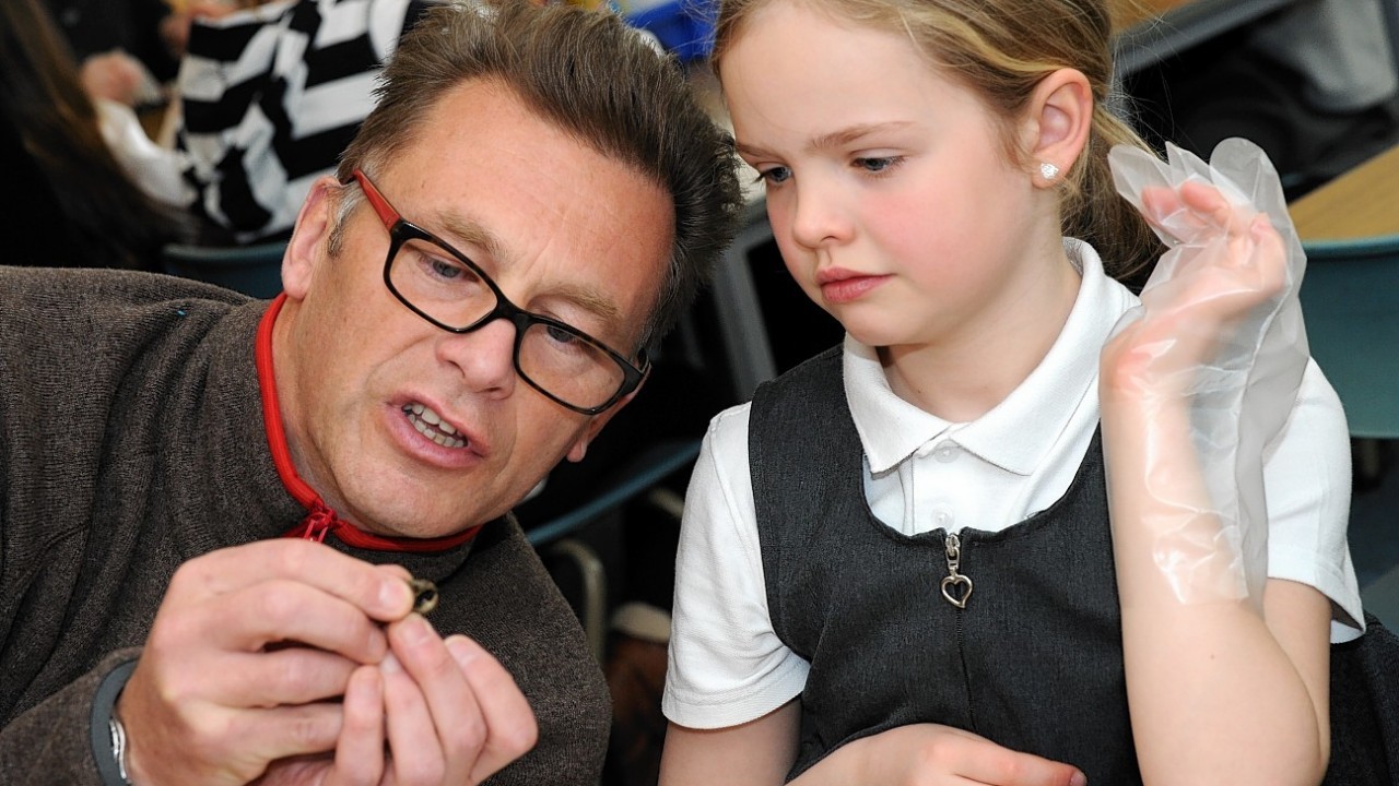 TV presenter and naturalist Chris Packham visits Abbotswell Primary School to highlight what Aberdeen and District RSPB are doing to connect children with nature. Part of the group's 40th anniversary.