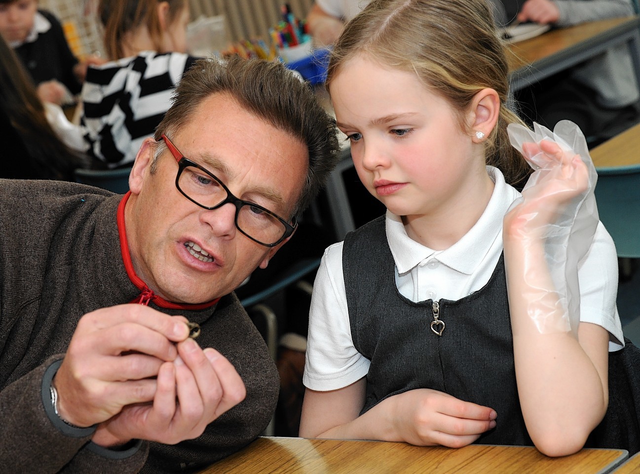 TV presenter and naturalist Chris Packham visits Abbotswell Primary School to highlight what Aberdeen and District RSPB are doing to connect children with nature. Part of the group's 40th anniversary. 