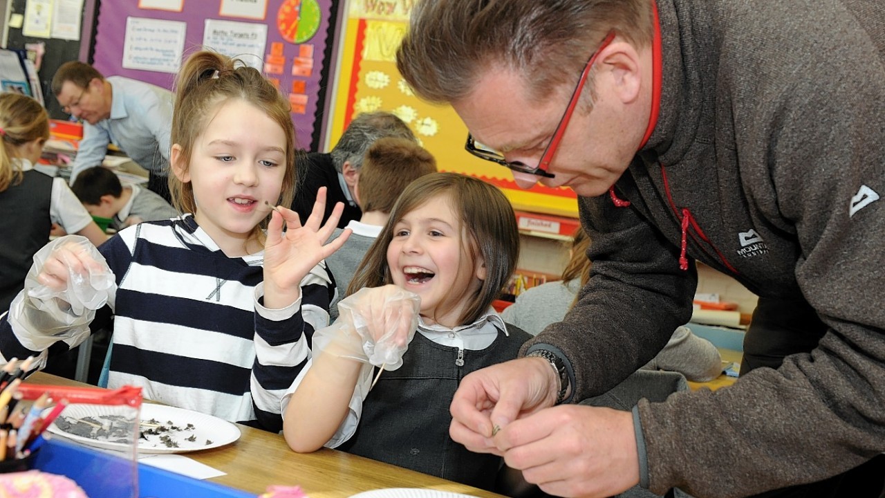 TV presenter and naturalist Chris Packham visits Abbotswell Primary School to highlight what Aberdeen and District RSPB are doing to connect children with nature. Part of the group's 40th anniversary.
