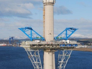 One of the Queensferry Crossing's towers, with Greenwell's blue accommodation units.