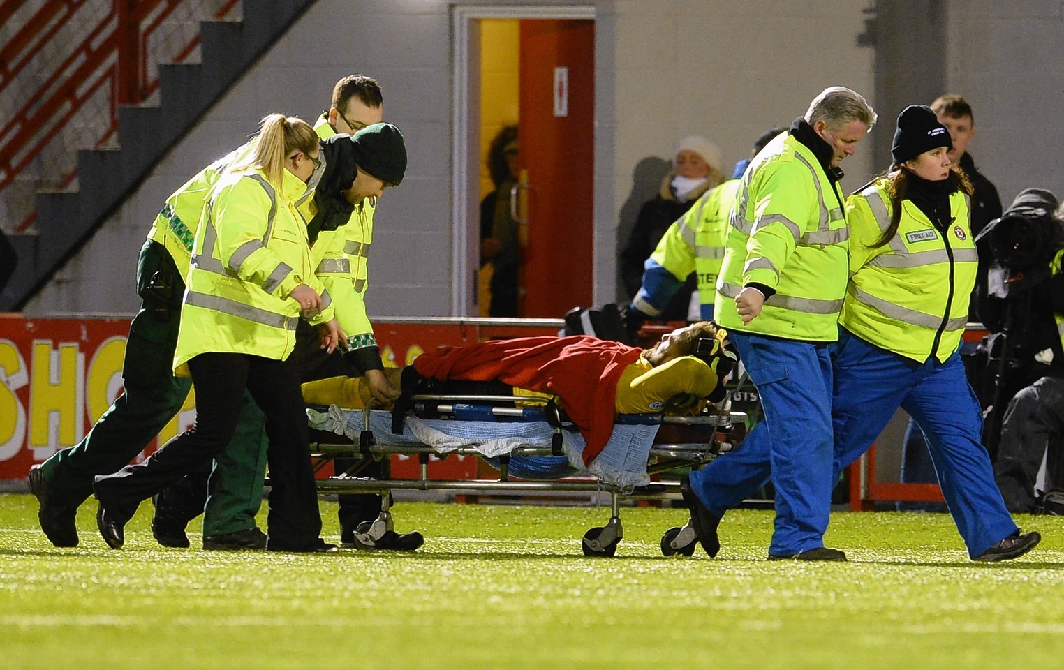 The goalkeeper had to be stretchered off
