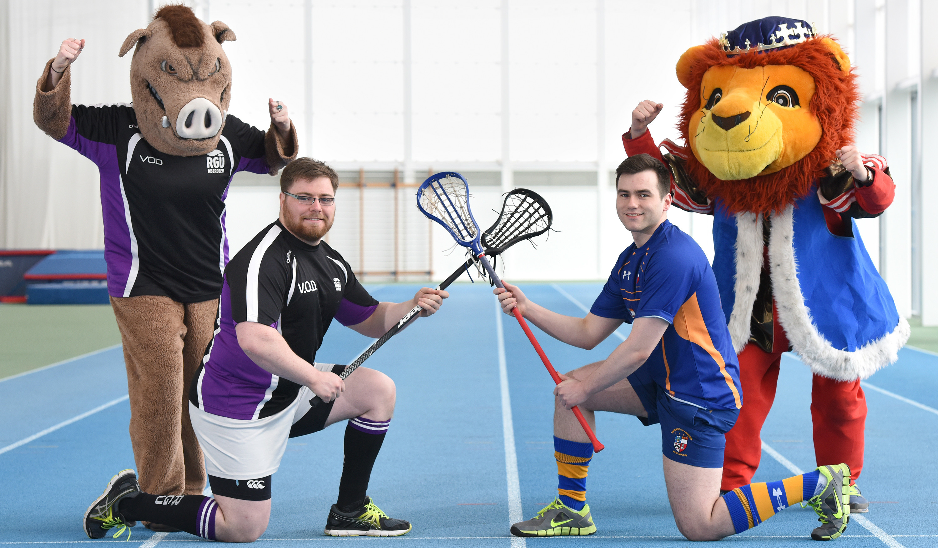 Sports Presidents Vinny O’Donovan (left) and Mark McCorkell are gearing up for the Granite City Challenge along with RGU mascot Bobby the Boar, and Rex the Lion from the University of Aberdeen.