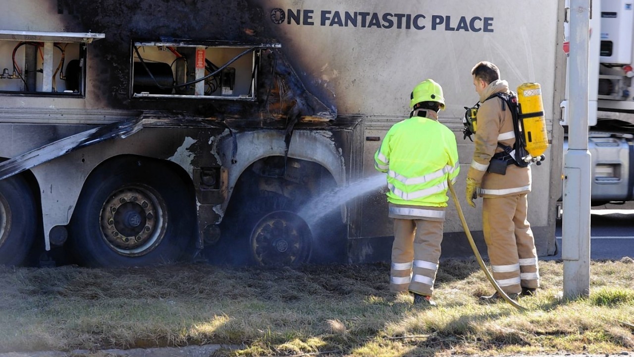 Fire crews were called to the lorry blaze which blocked the A90 northbound