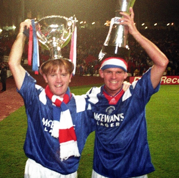 Stuart McCall and Ian Durrant celebrate Rangers' Skol Cup win.
