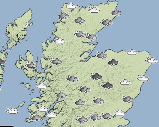 Snow is forecast across much of the Highlands and the north on Sunday night.