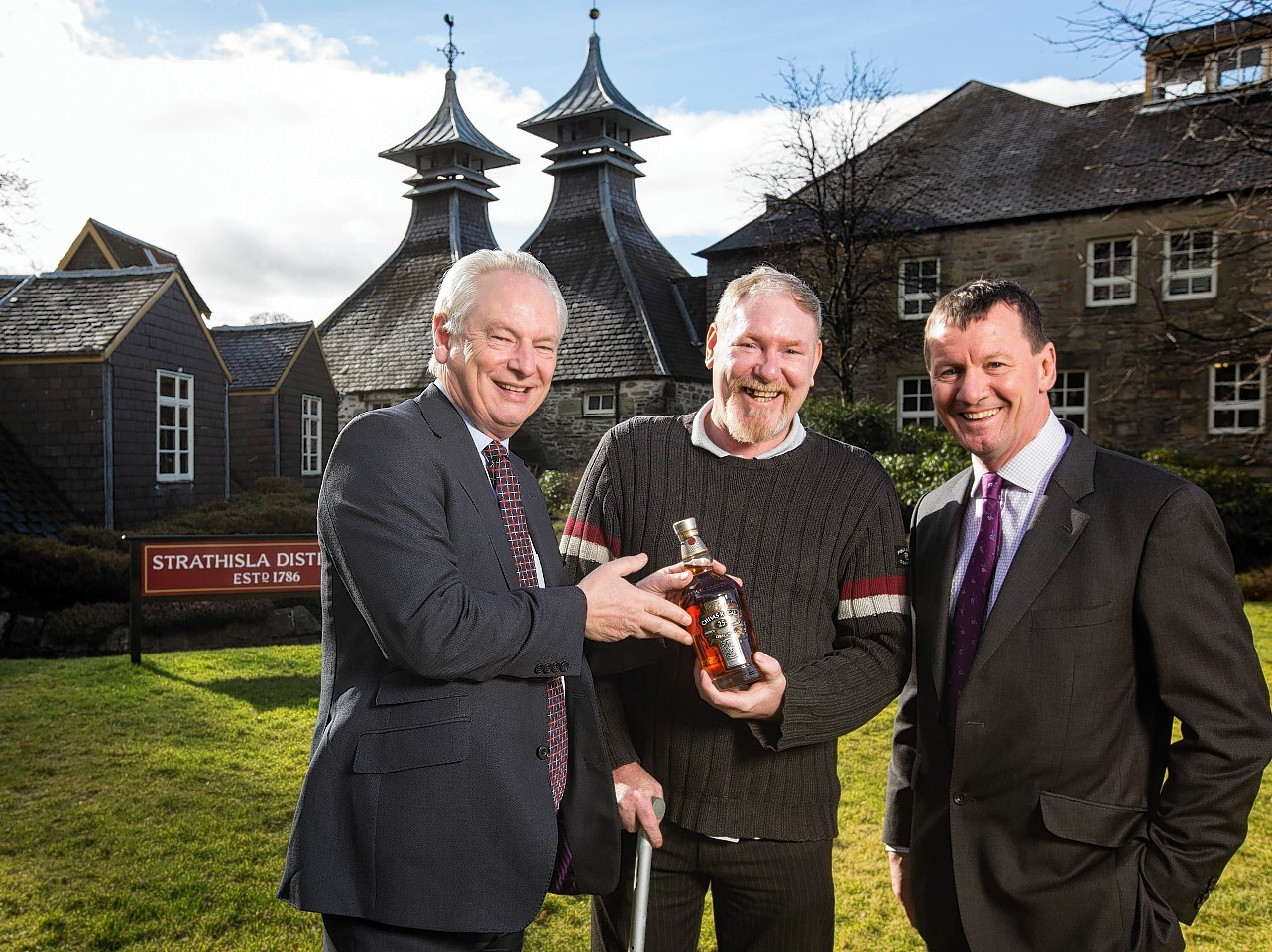 Cabinet office minister Francis Maude and Bruce Gunn founder of 'Delivered next day personally' and Dennis O'Flynn(right) Managing director at Pernod Ricardat Strathisla Distillery the home of Chivas in Keith North Scotland the Minister was visiting the Distillery to celebrate the booming social enterprise sector Chivas is offering a Million US Dollers(owner of Chivas) for the best social enterprise ideas.