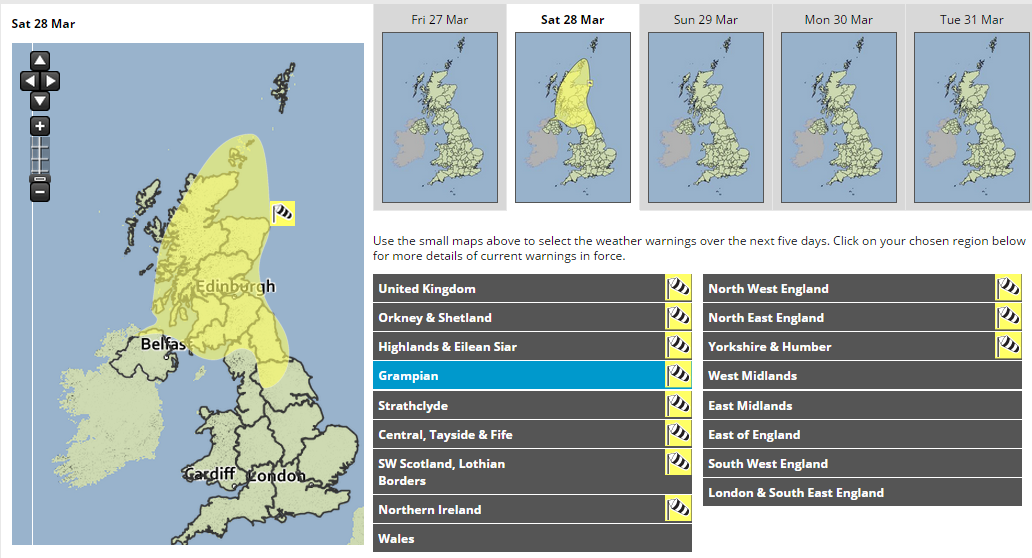 A yellow "Be Aware" weather warning has been issued.