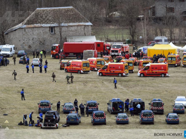 Rescue workers gather in Seyne, south-eastern France, near the site where a Germanwings Airbus A320 crashed on Tuesday.