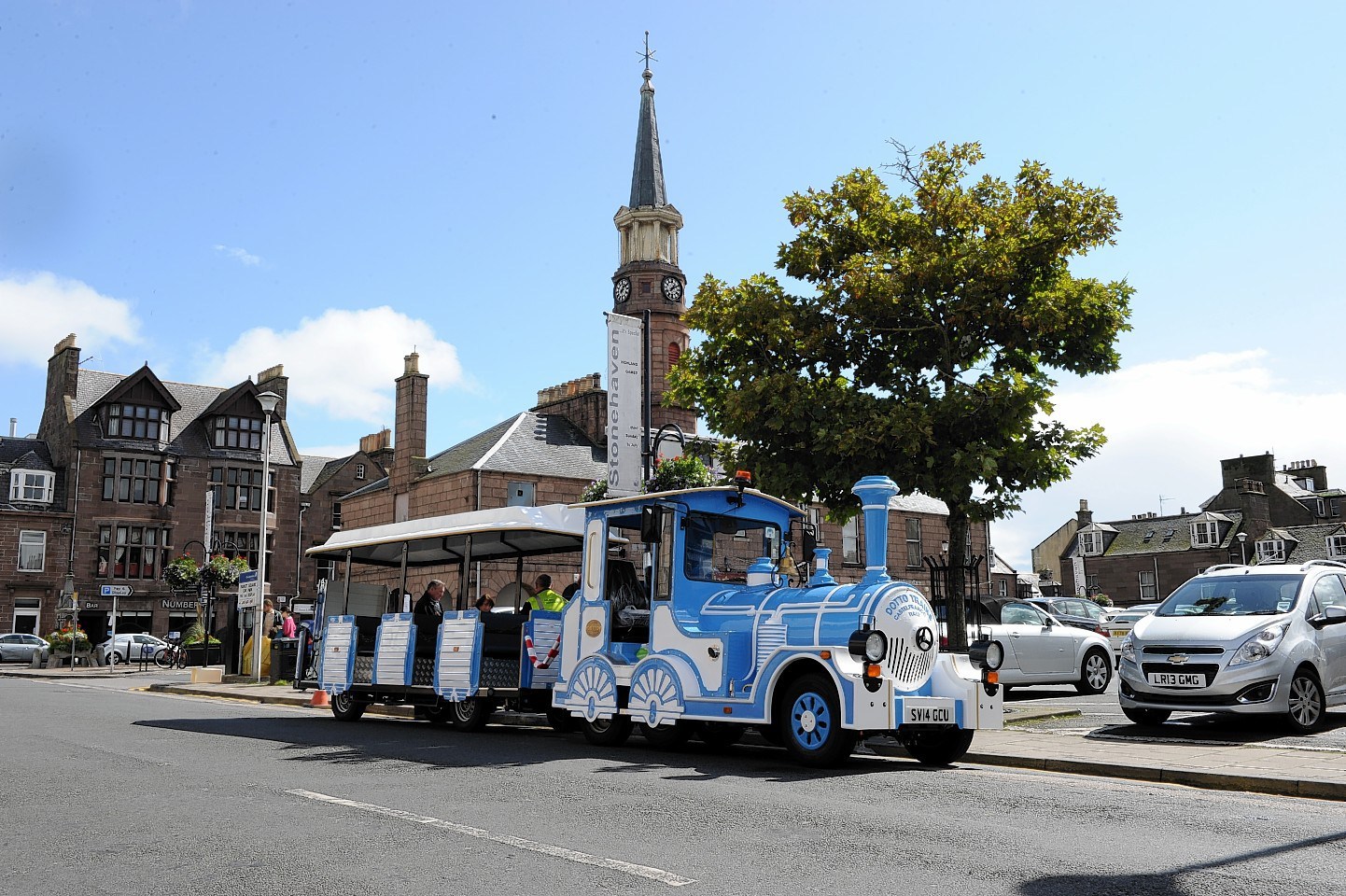 Stonehaven tourist land train at the town square.