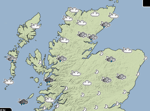 The forecast for tomorrow evening, weather information provided by the Met Office.