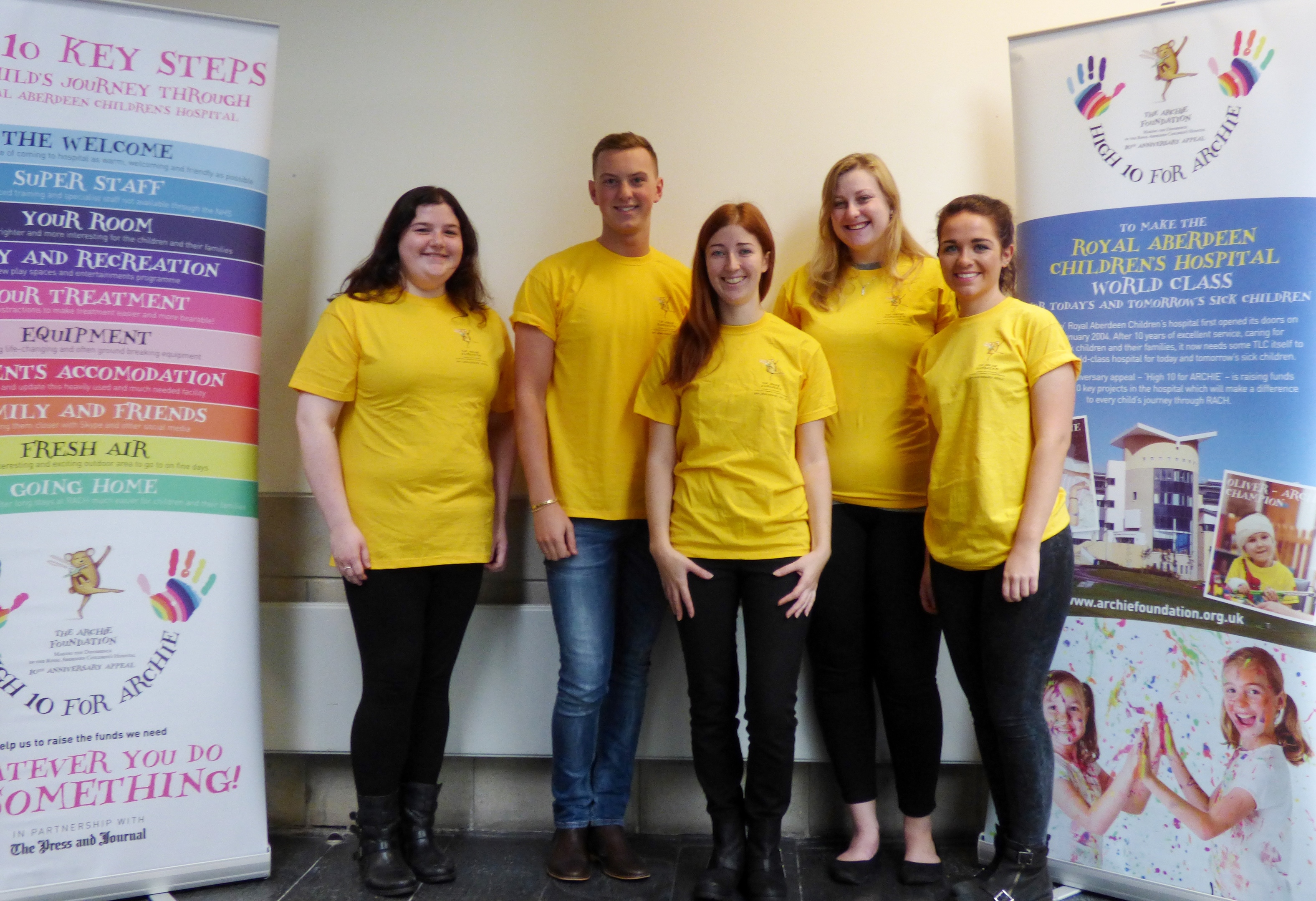 From left to right: Rowan Stewart, Will Wilkie, charity mentor Emma Slesser, Catriona Fox and Sarah Anderson. The team are fundraising for Archie's parent's accommodation.
