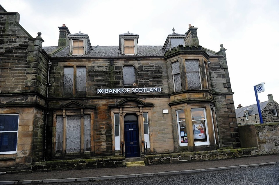 The boarded up Bank Of Scotland building in Burghead, Moray.